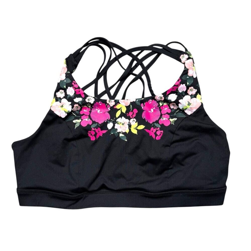 Torrid Active Floral Strappy Sports Bra 2X Black Pink Flower Print